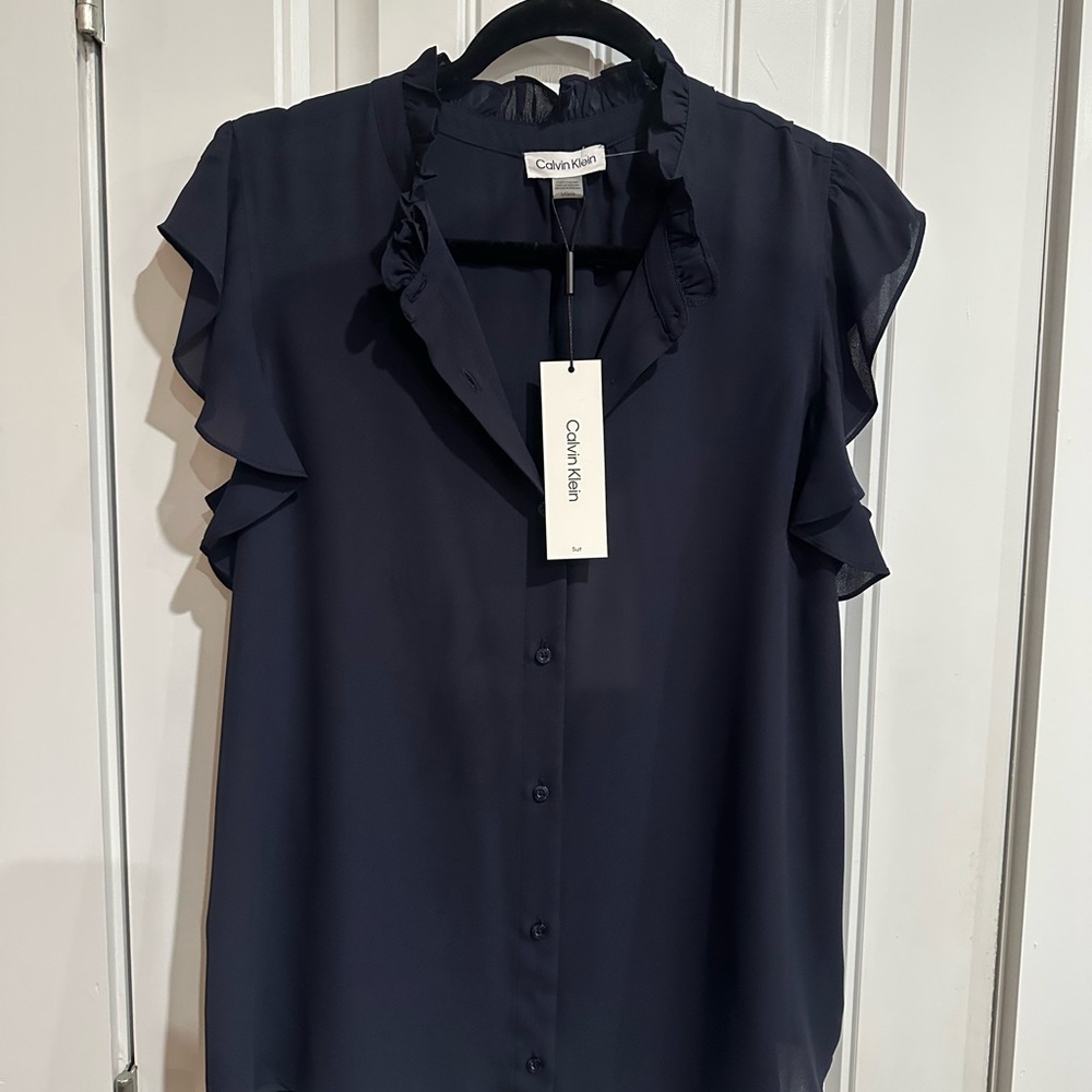 NWT CALVIN KLEIN Navy Blue Button-Front Ruffle Blouse,